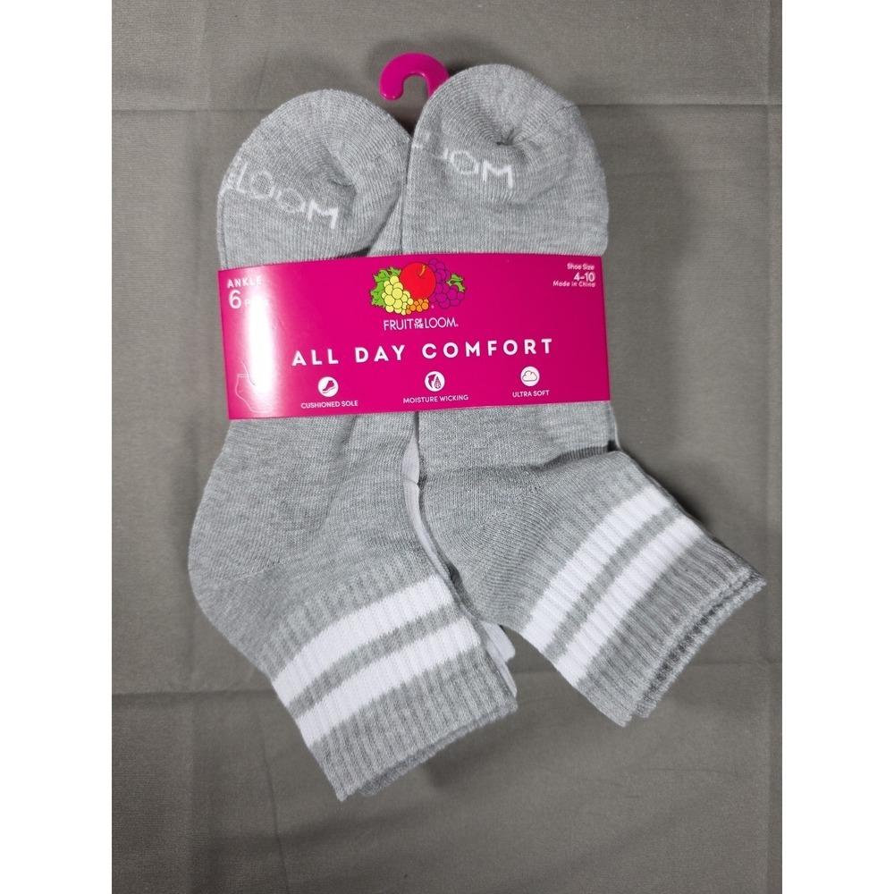 Women's Striped 6 Pair Ankle Socks - Fruit of The Loom - Gray Black White 4 - 10